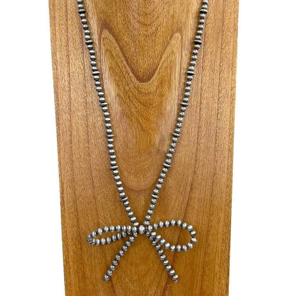 Silver Navajo Style Pearl Bead Necklace with Butterfly Tie